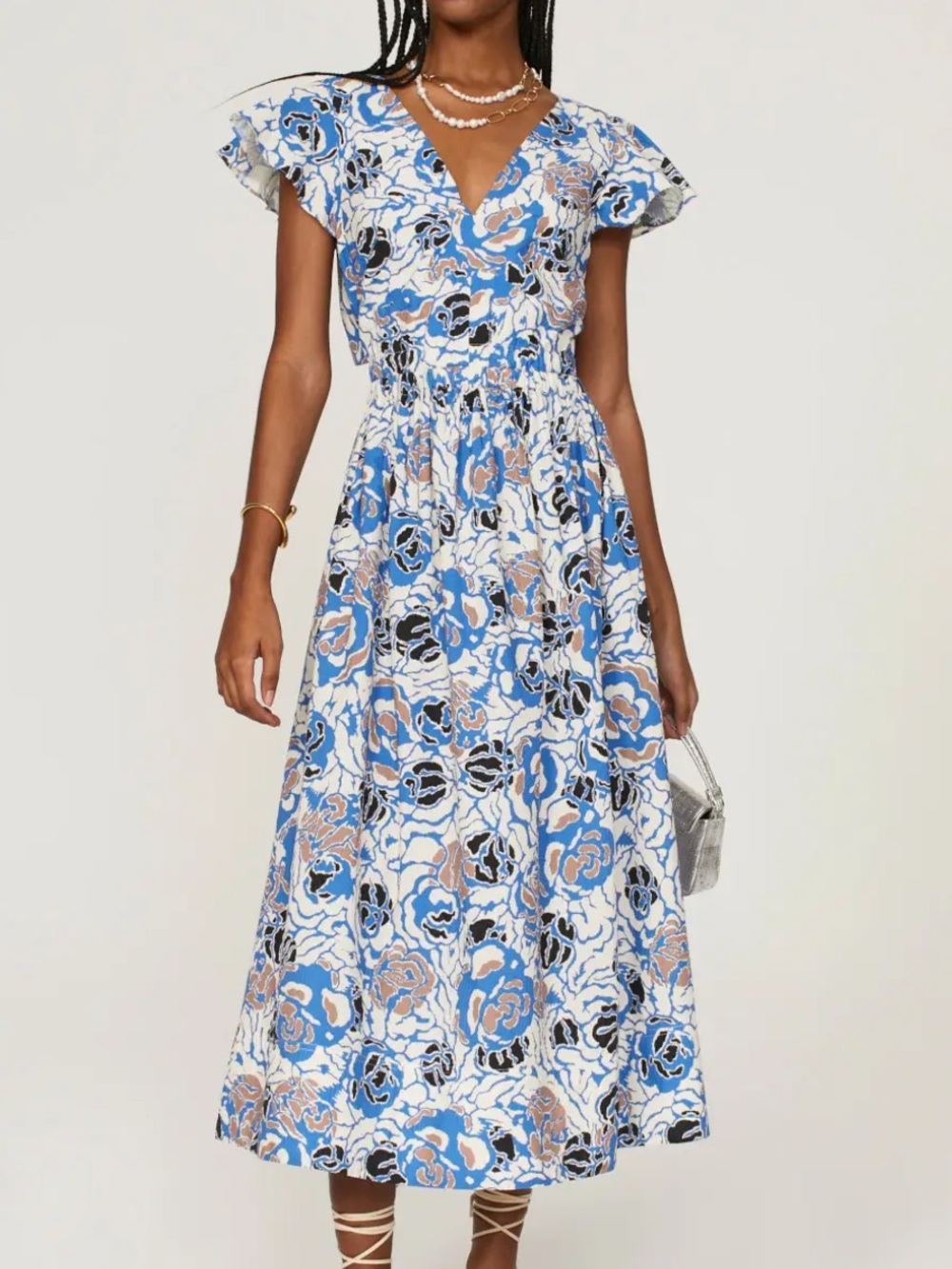 Tanya Taylor Kate Abstract Floral Midi Dress Size 0 Marina Multi Blue White